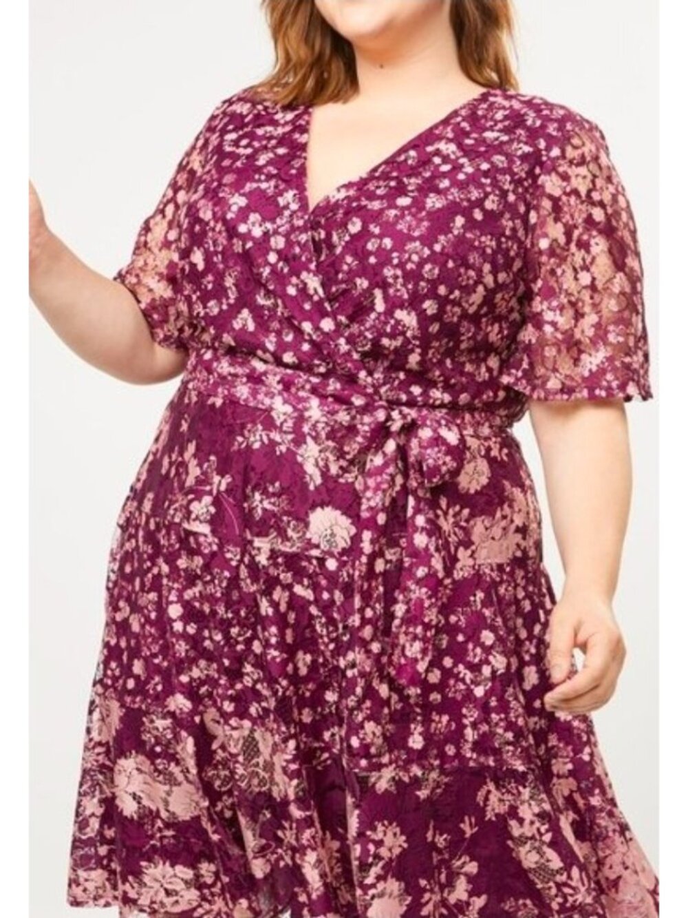 Lane Bryant Plus Size 20W Burgundy Lace Lined Faux Wrap Midi Dress Tie Waist